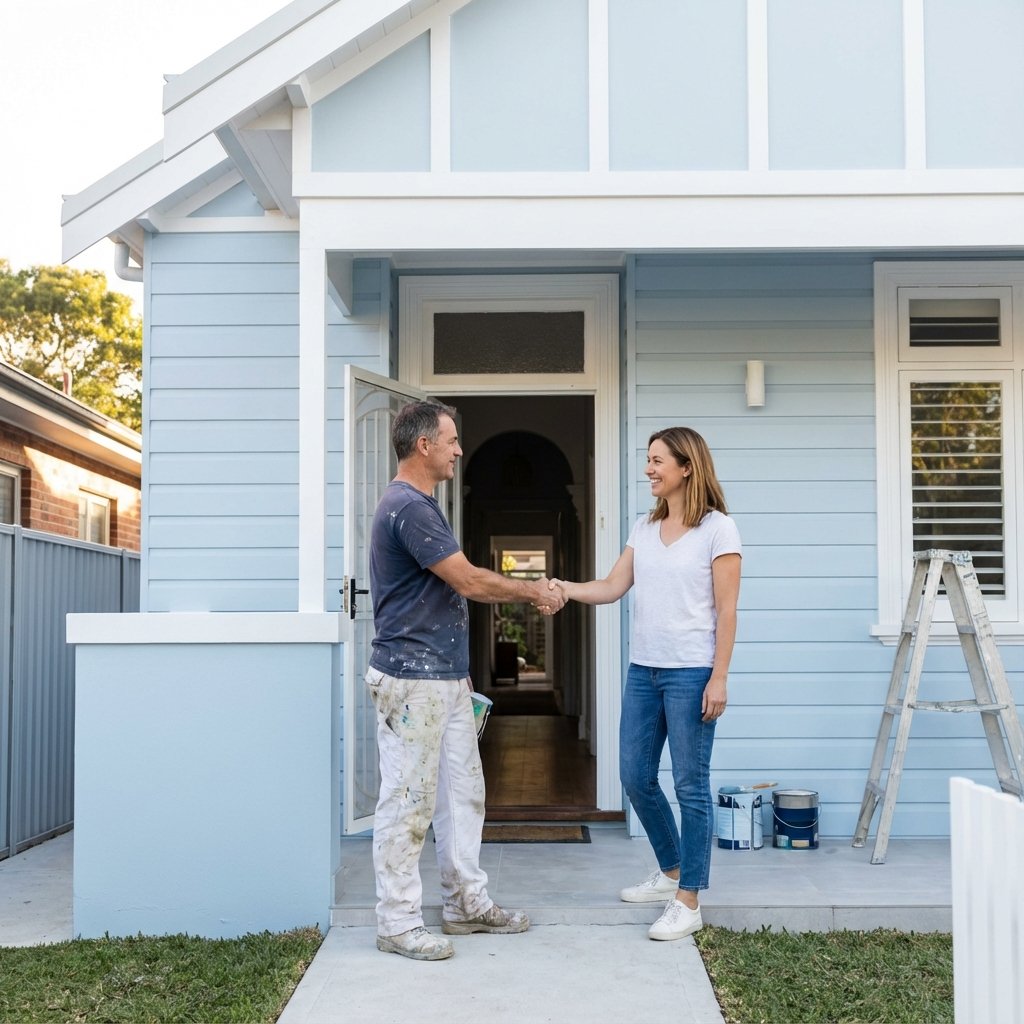 Professional handshake between painter and satisfied homeowner in front of beautifully completed painted home