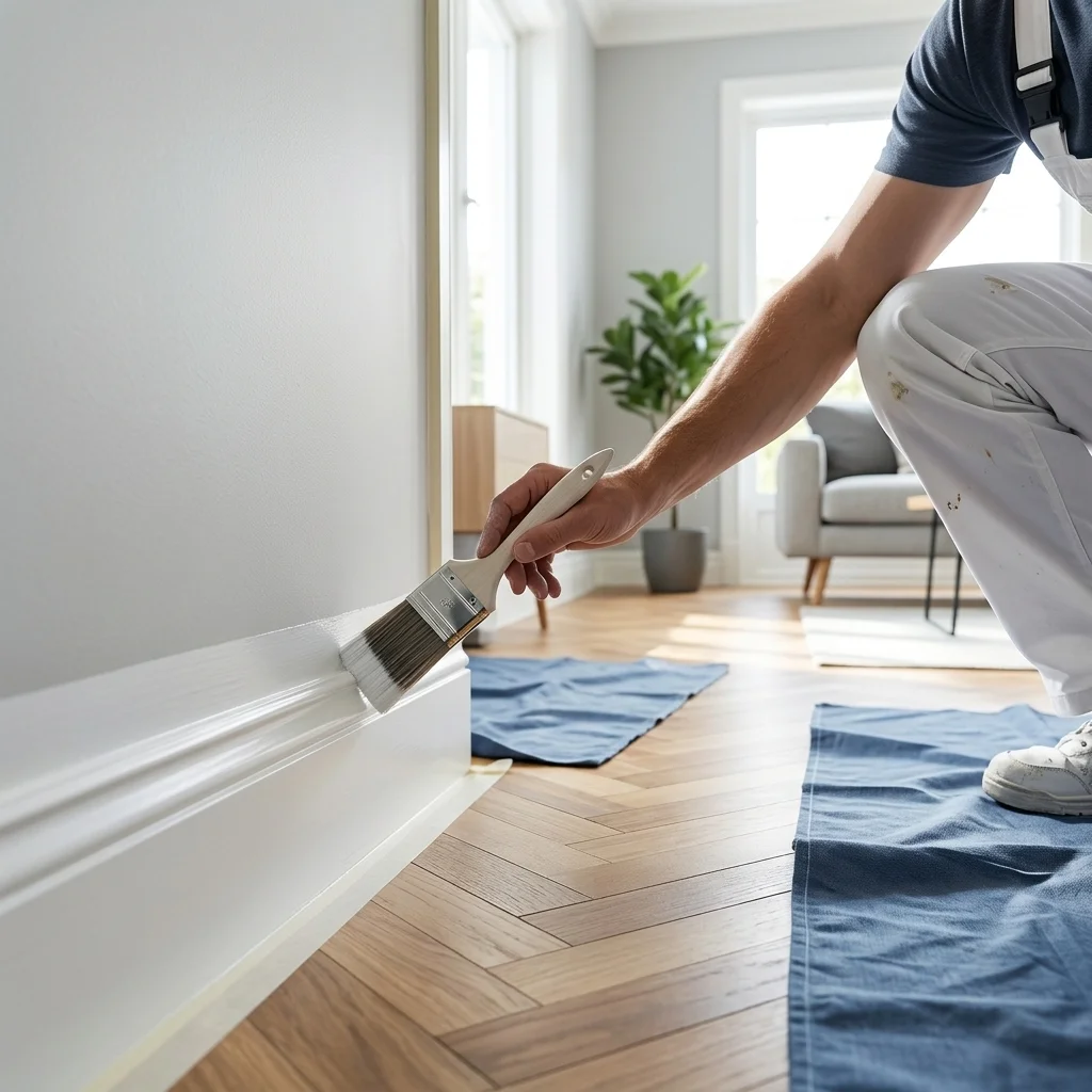 A professional painter cutting in along a skirting board in a bright Sydney living room interior, drop sheets in place, clean lines on the wall